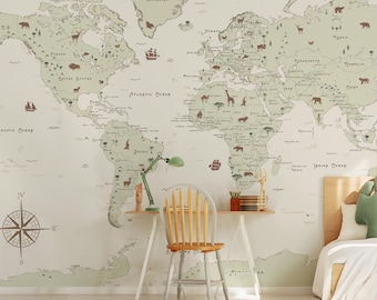 Cute World Map Kids Wallpaper  | Soft Green World Map with Animals Peel and Stick Wallpaper Mural