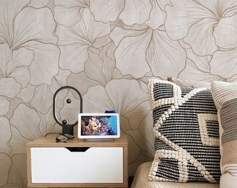 Modern beige gingkobladbehang | Muurschildering met zachte kleur lotusblad