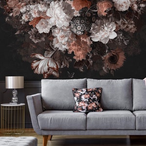 Enchanted Dark Dutch Flower Wallpaper | Dark Background Floral Bouquet Wall Mural