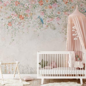 Carta da parati con fiori e uccelli appesi colorati per bambini / Murale da parete con giardino floreale carino
