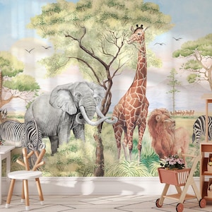 Papel tapiz de animales de safari con acuarela para niños / Mural de pared con animales con temática de safari