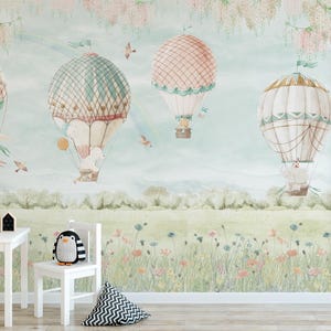 Hot Air Balloon Mural Wallpaper | Pastel Sky with White Clouds main image 1