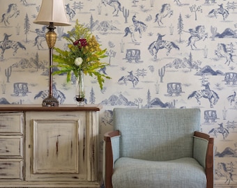 Western Blue Monochrome Wallpaper | Vintage Cowboy Horses Wall Mural
