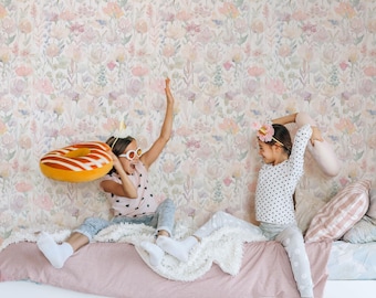 Kids Watercolor Wild Flowers Wallpaper | Nursery Cute Soft Color Floral Wall Mural