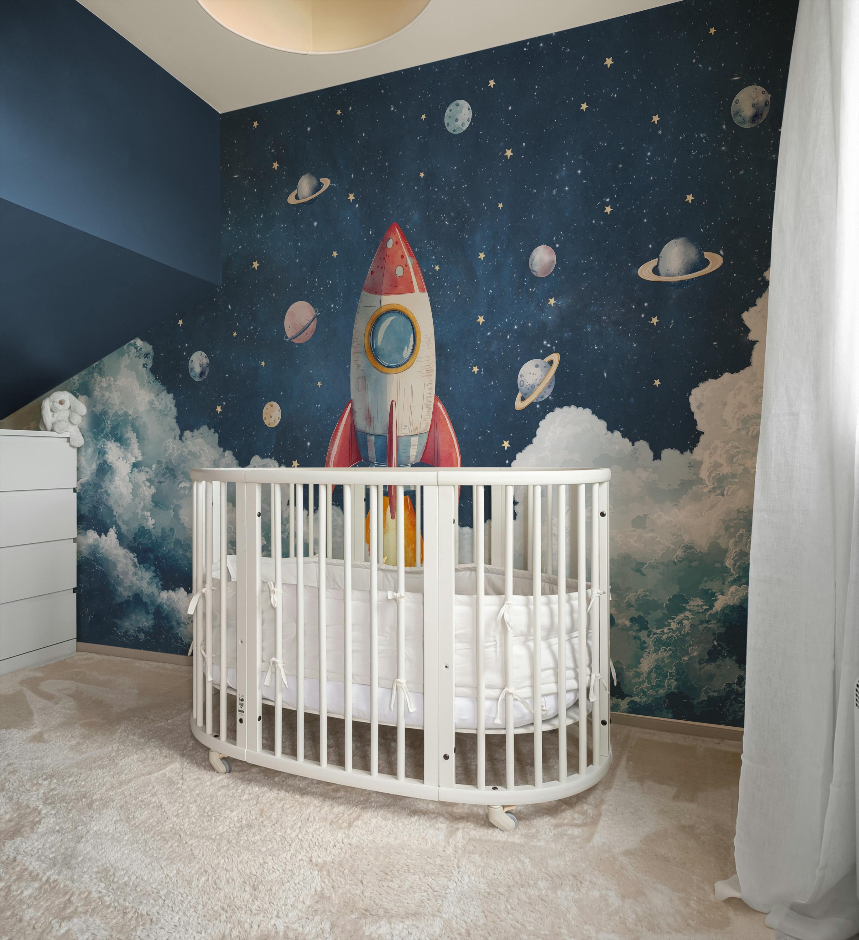Kids Cosmic Adventure Wallpaper | Nursery Rocket Ship Wall Mural - Etsy