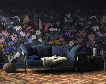 Dark Wildflower Meadow Wallpaper | Whimsical Flower Wall Mural