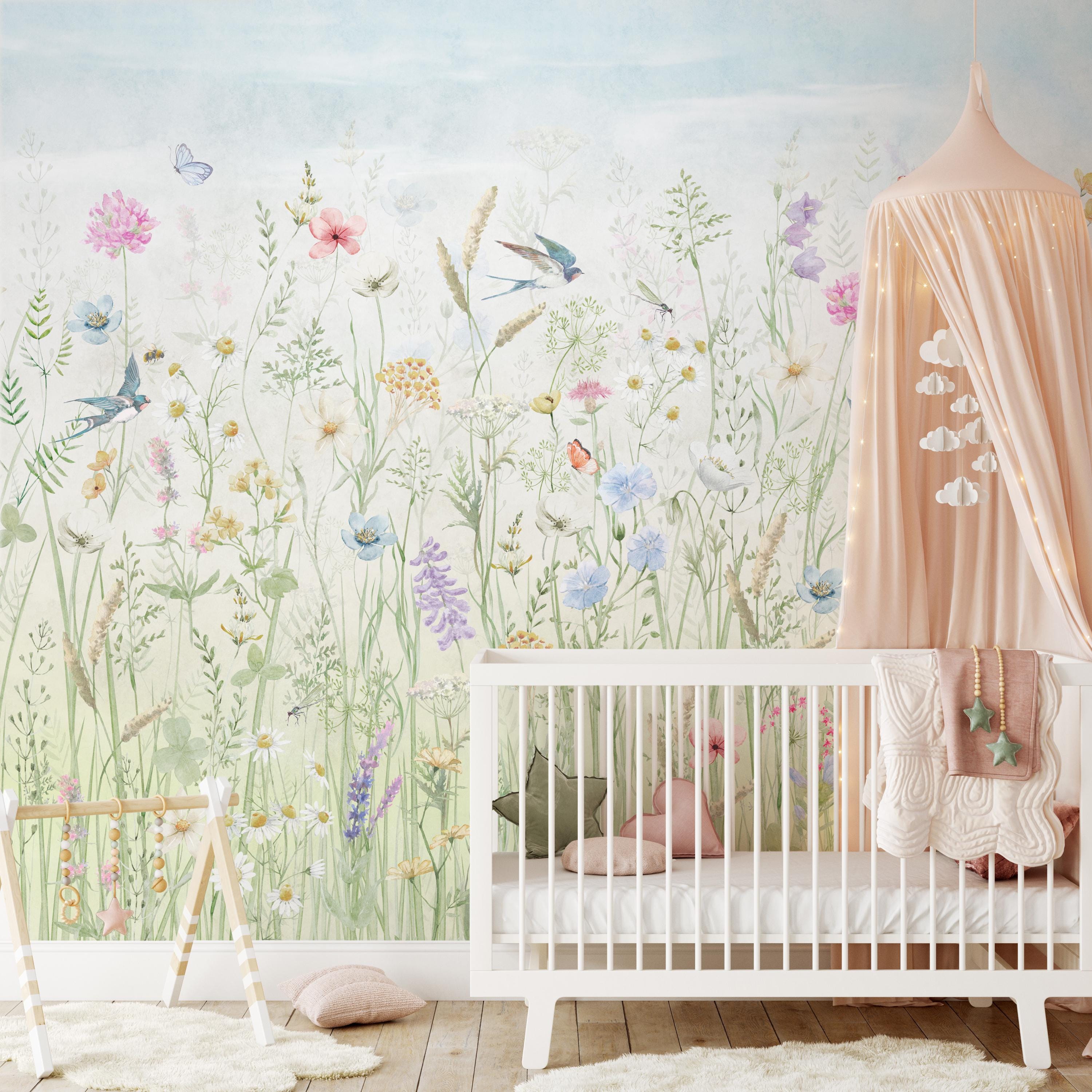 Kids Watercolor Wildflower Garden Mural | Wildflower Meadow Wall Mural