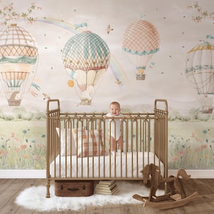 Whimsical Hot Air Balloon Nursery Wallpaper | Pastel Animal Adventure  Scenic Landscape Wall Mural