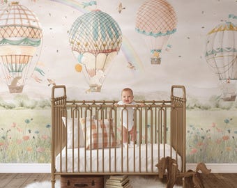 Whimsical Hot Air Balloon Nursery Wallpaper | Pastel Animal Adventure  Scenic Landscape Wall Mural