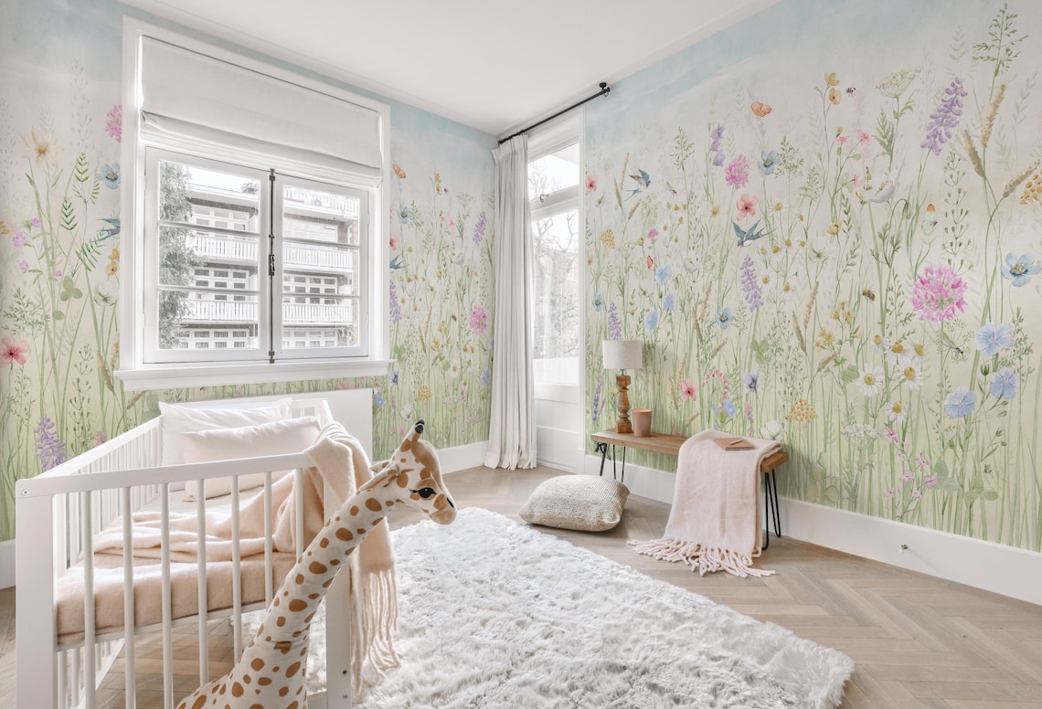 Kids Watercolor Wildflower Garden Mural | Wildflower Meadow Wall Mural ...