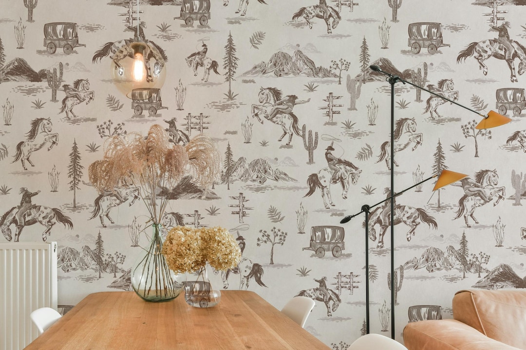 Rustic Brown Rodeo Rustic Brown Cowboy and Horse Wall Mural | Western Monochrome Brown ...