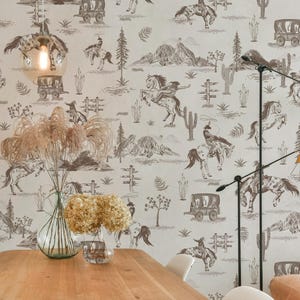 Rustikales Braun Cowboy und Pferd Wandbild | Western Monochrome Brown Rodeo Tapete für das Wohnzimmer