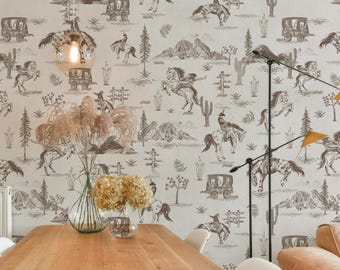 Rustic Brown Cowboy and Horse Wall Mural | Western Monochrome Brown Rodeo Wallpaper