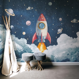 Carta da parati Kids Cosmic Adventure / Murale da parete per bambini con razzo spaziale
