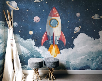 Kids Cosmic Adventure Wallpaper | Nursery Rocket Ship Wall Mural