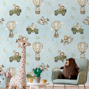 Kids Blue Theme Hot Air Balloon and Animals Wallpaper | Nursery Cute Cartoon Animals Wall Mural