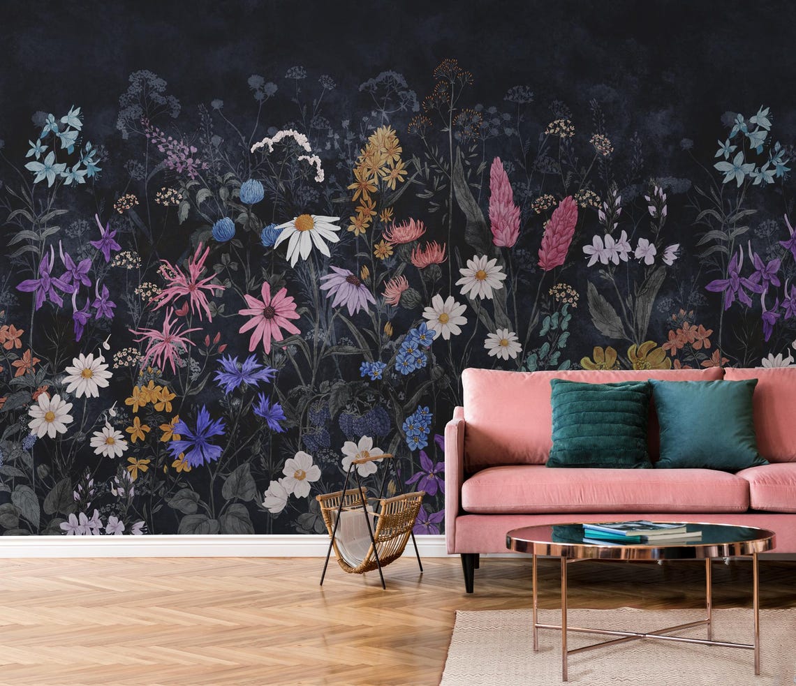 Dark Wildflower Meadow Wallpaper | Whimsical Flower Wall Mural - Etsy