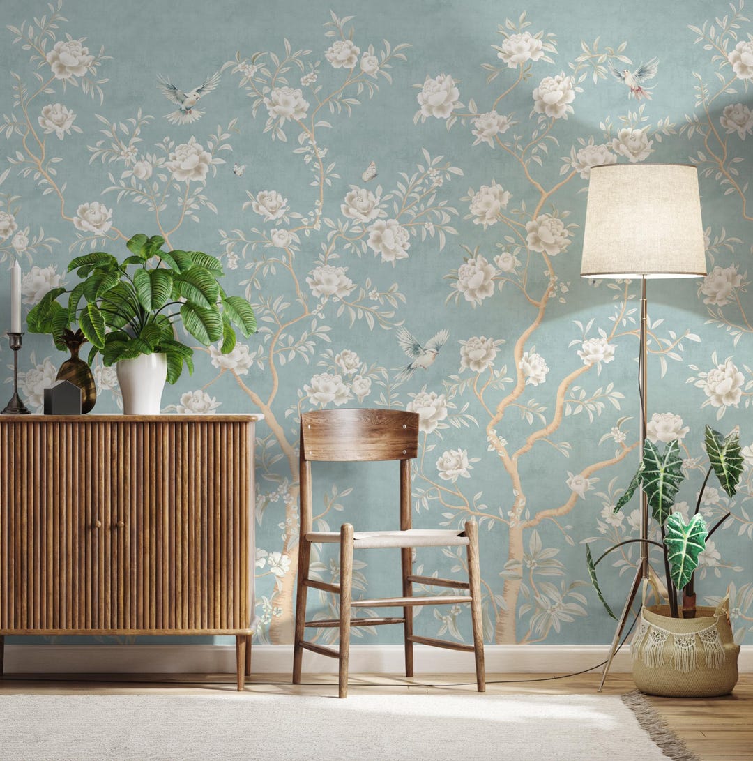 Chinoiserie Soft Blue Floral Garden Wallpaper | Elegant Peony Trees ...