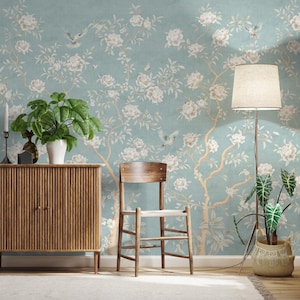Chinoiserie Soft Blue Floral Garden Wallpaper | Elegant Peony Trees Wall Mural