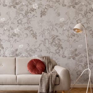 Monochrome Rosen und Schlangen Wallpaper | Beige Thema Botanischer Garten Wandbild