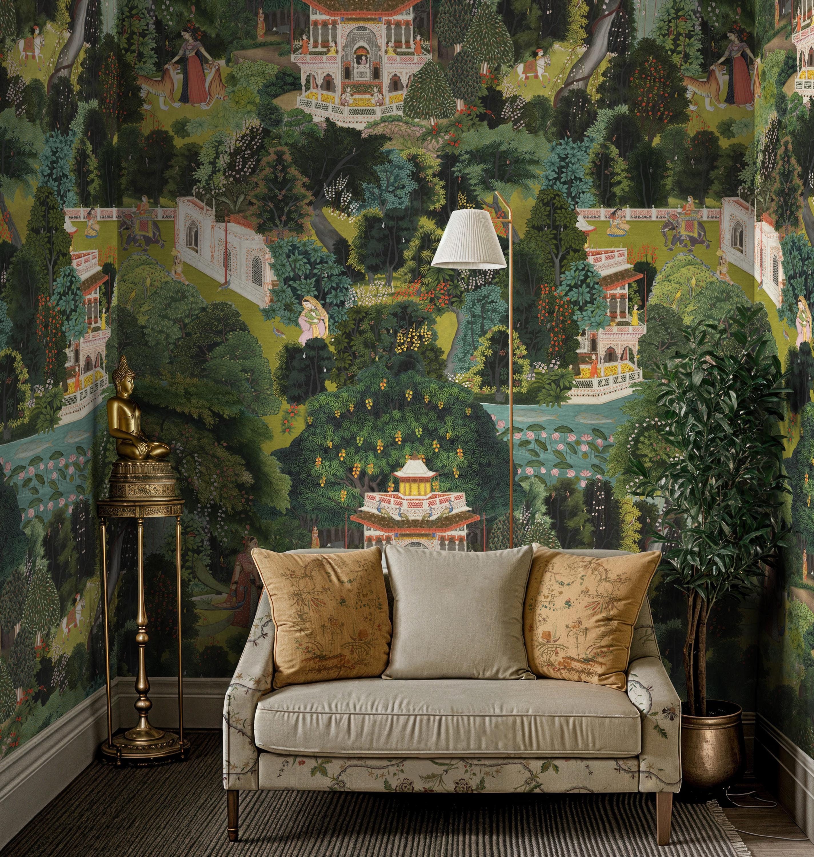 Traditional Indian Garden Art Wallpaper | Elegant Mughal Art Wall Mural