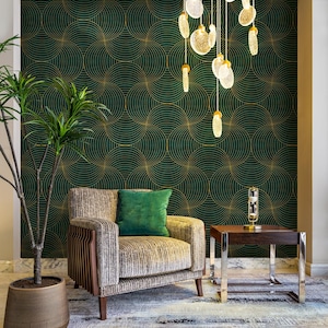 Geometric Art Deco Circles Wallpaper | Retro Gold Circle Pattern Wall Mural