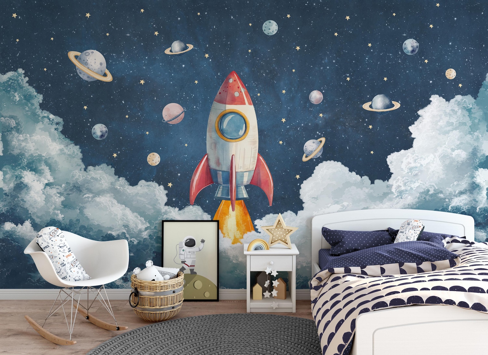 Kids Cosmic Adventure Wallpaper | Nursery Rocket Ship Wall Mural - Etsy