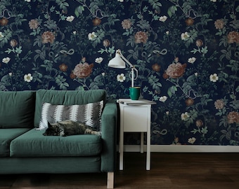 Dark Gothic Peony and Snakes Wallpaper | Elegant Dark Theme Botanical Wall Mural