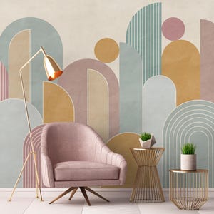 Carta da parati con forme geometriche astratte pastello / murale con archi geometrici colorati