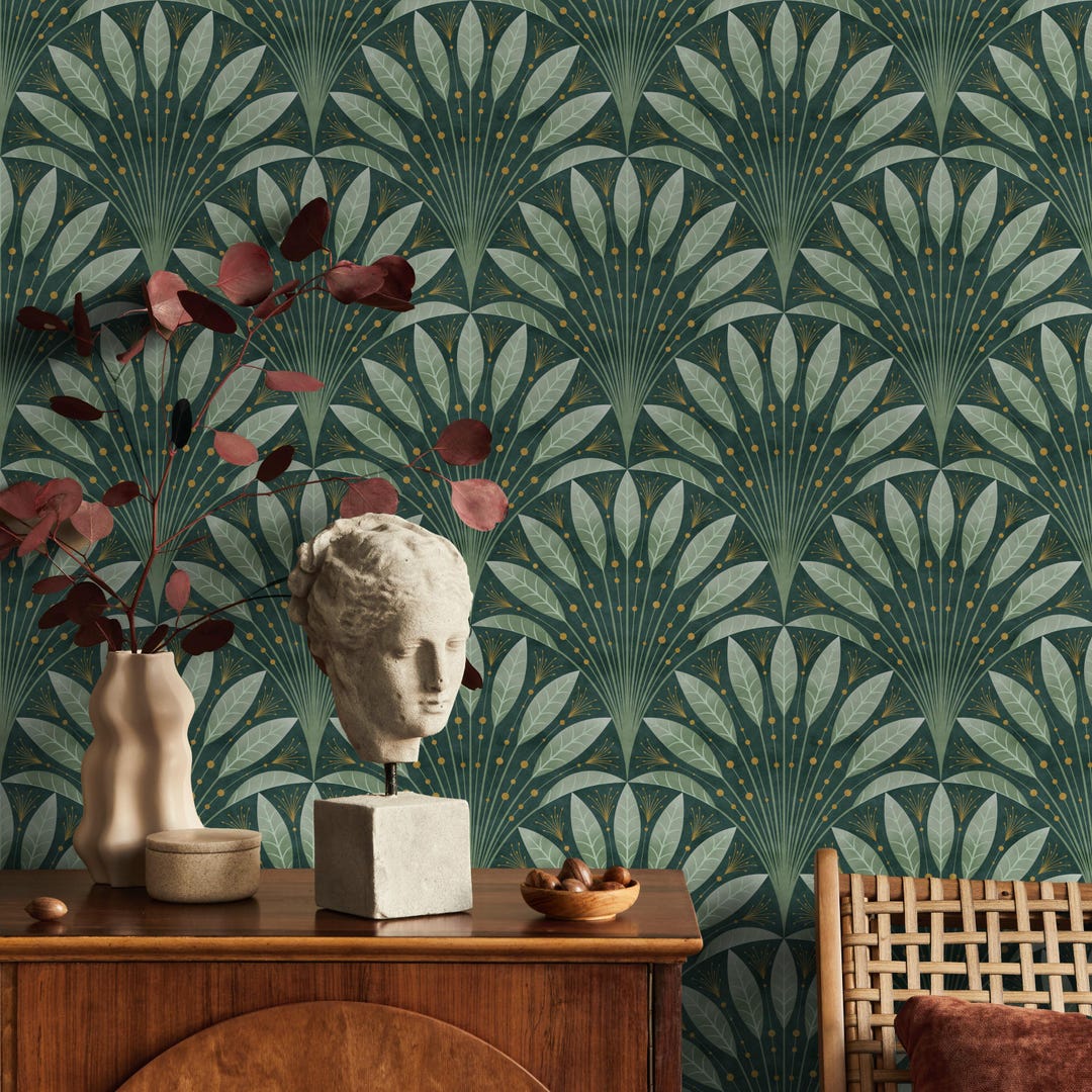 Art Deco Dark Botanical Leaf Wallpaper | Elegant Leaf Pattern Wall