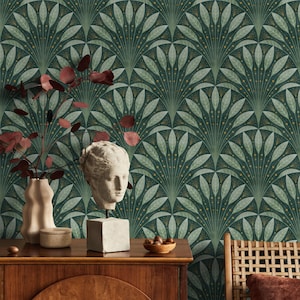 Art Deco Dark Botanical Leaf Wallpaper | Elegant Leaf Pattern Wall Mural