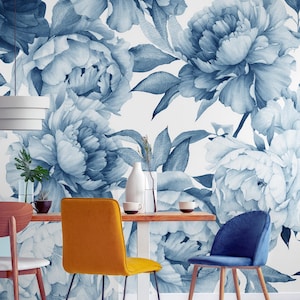 Blue Monochrome Peony Floral Wallpaper | Watercolor Peony Blossom Wall Mural