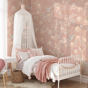 Chinoiserie Soft Pink Flower Wallpaper | Elegant Peony Tree and Birds Wall Mural