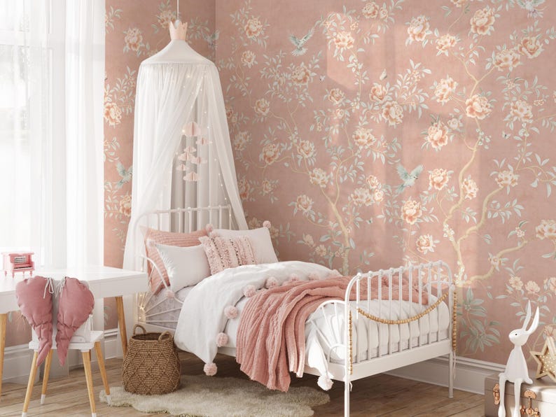 Chinoiserie Soft Pink Flower Wallpaper | Elegant Peony Tree and Birds ...