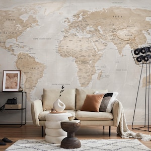 Beige Peel-and-Stick-behang wereldkaart | Moderne gedetailleerde muurschildering wereldkaart