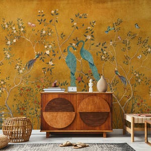 Chinoiserie Gold Tapete Pfau | Elegantes Vögel und Blumen Wandbild