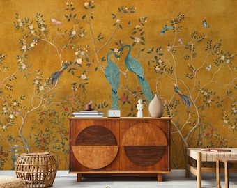 Chinoiserie Gold Peacock Wallpaper | Elegant Birds and Flowers Wall Mural