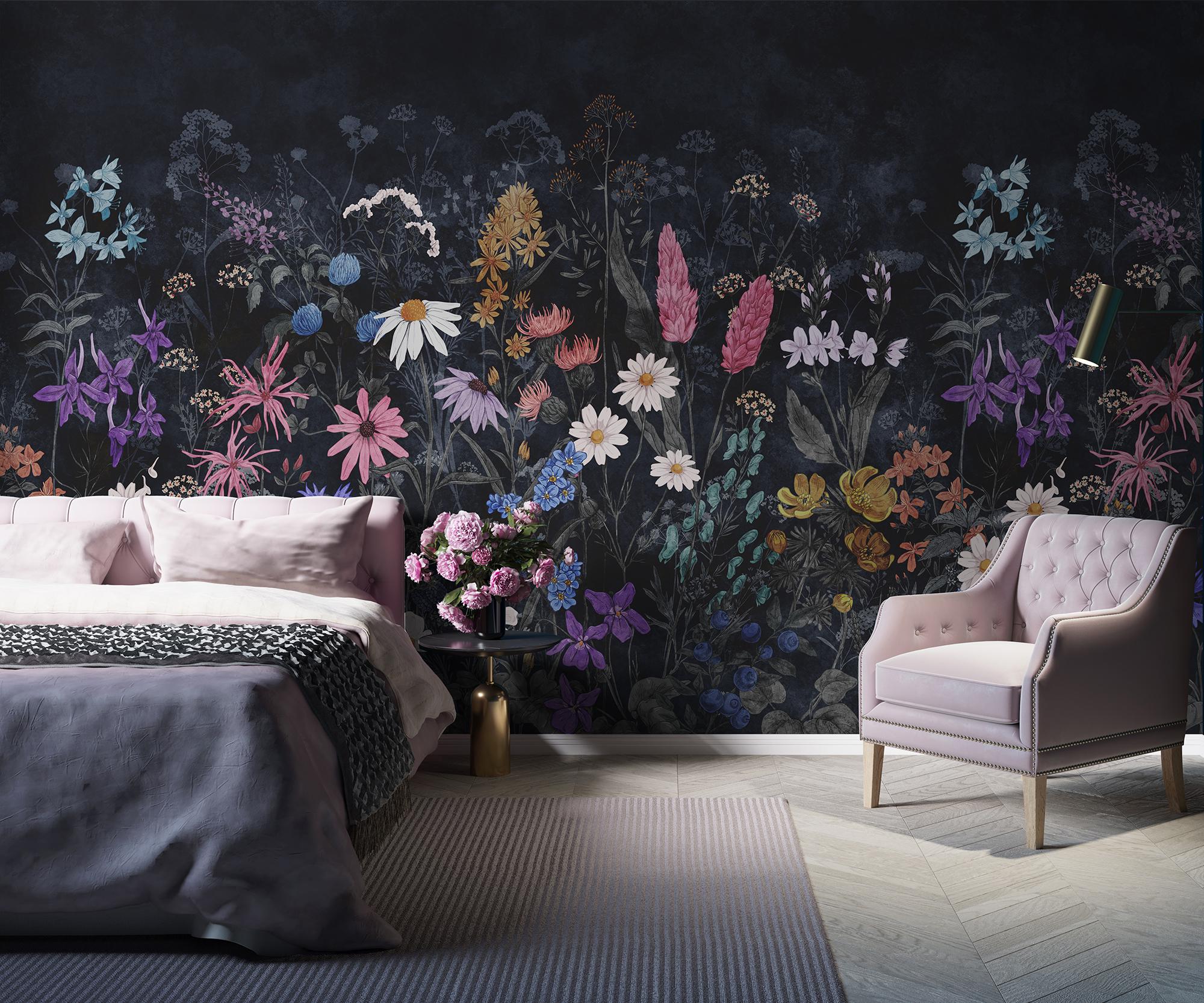 Dark Wildflower Meadow Wallpaper | Whimsical Flower Wall Mural - Etsy