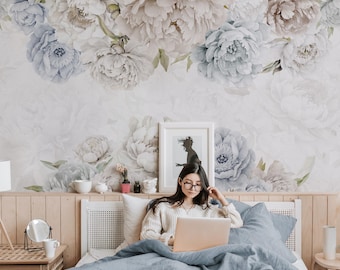 Pastel Watercolor Florals Wallpaper | Soft Peonies Floral Wall Mural Peel and Stick