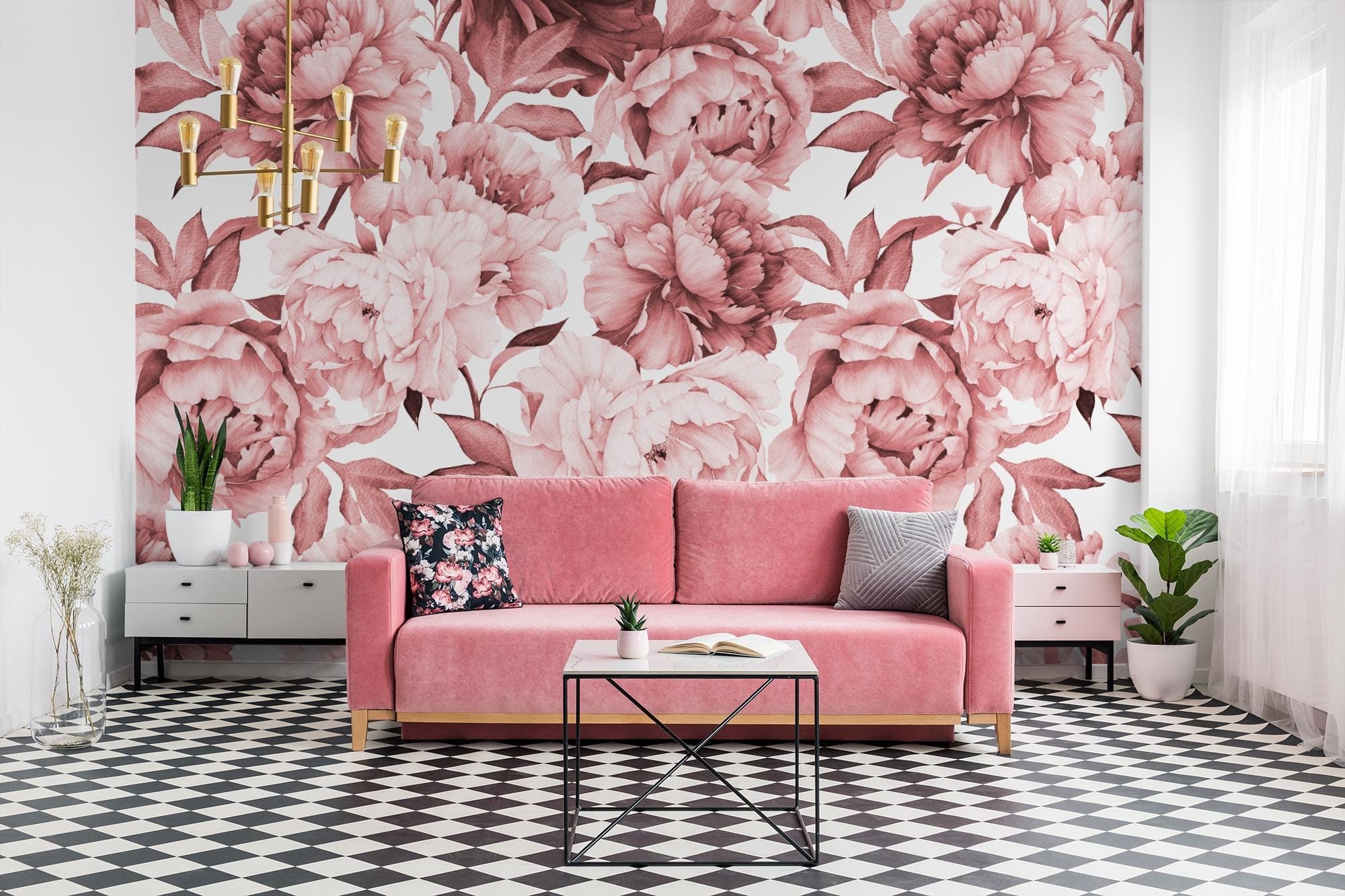 Watercolor Pink Peony Floral Wallpaper | Chic Peony Blossom Wall Mural