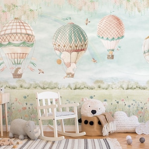 Kids bunte Heißluftballon mit Tiere Wallpaper | Pastelltöne fliegende Tiere schälen und aufkleben Wandbild
