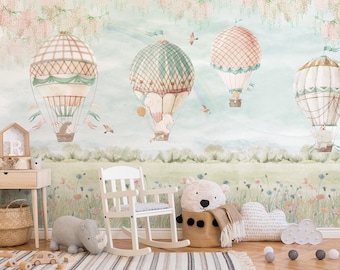 Kids Colorful Hot Air Balloon with Animals Wallpaper | Pastel Tones Flying Animals Peel and Stick Wall Mural