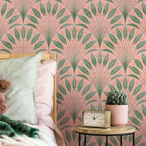 Carta da parati Art Déco Blush Palm Leaf / Elegante murale con sfondo rosa e foglie