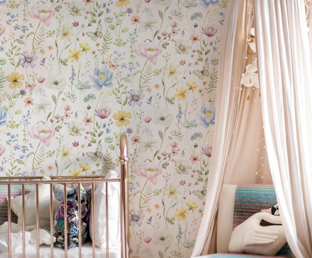 Kids Colorful Botanical Flowers Wallpaper | Elegant Wildflower Meadow ...