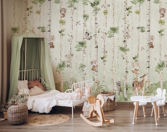 Papel pintado de animales y abedules para niños / Mural de pared con lindos animales del bosque
