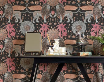 May include: Black wallpaper with a repeating pattern of winged lions, palm trees, and geometric designs in shades of pink, gold, and silver.
