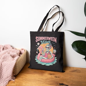 Summerween Skeleton Cat Tote Bag: Pastel Goth Halloween Beach Bag