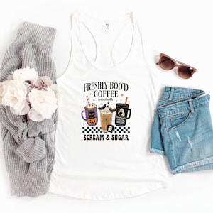 Freshly Bood Coffee Tank, Cute Ghost Witchy Tank Top, Spooky Summer Shirt, Halloween Coffee Top, Kawaii Fall Tank, Gift for Her