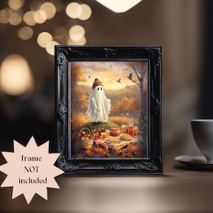 Autumn Picnic Ghost Art Print, 11x14 Halloween Kitchen Poster, Whimsical Fall Decor, Spooky Cute Wall Art, Pumpkin & Pie Ghostcore Print