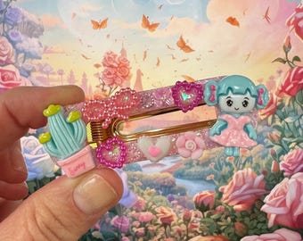 Kawaii-harshaarclip: roze glitterspeldje met pop en cactus